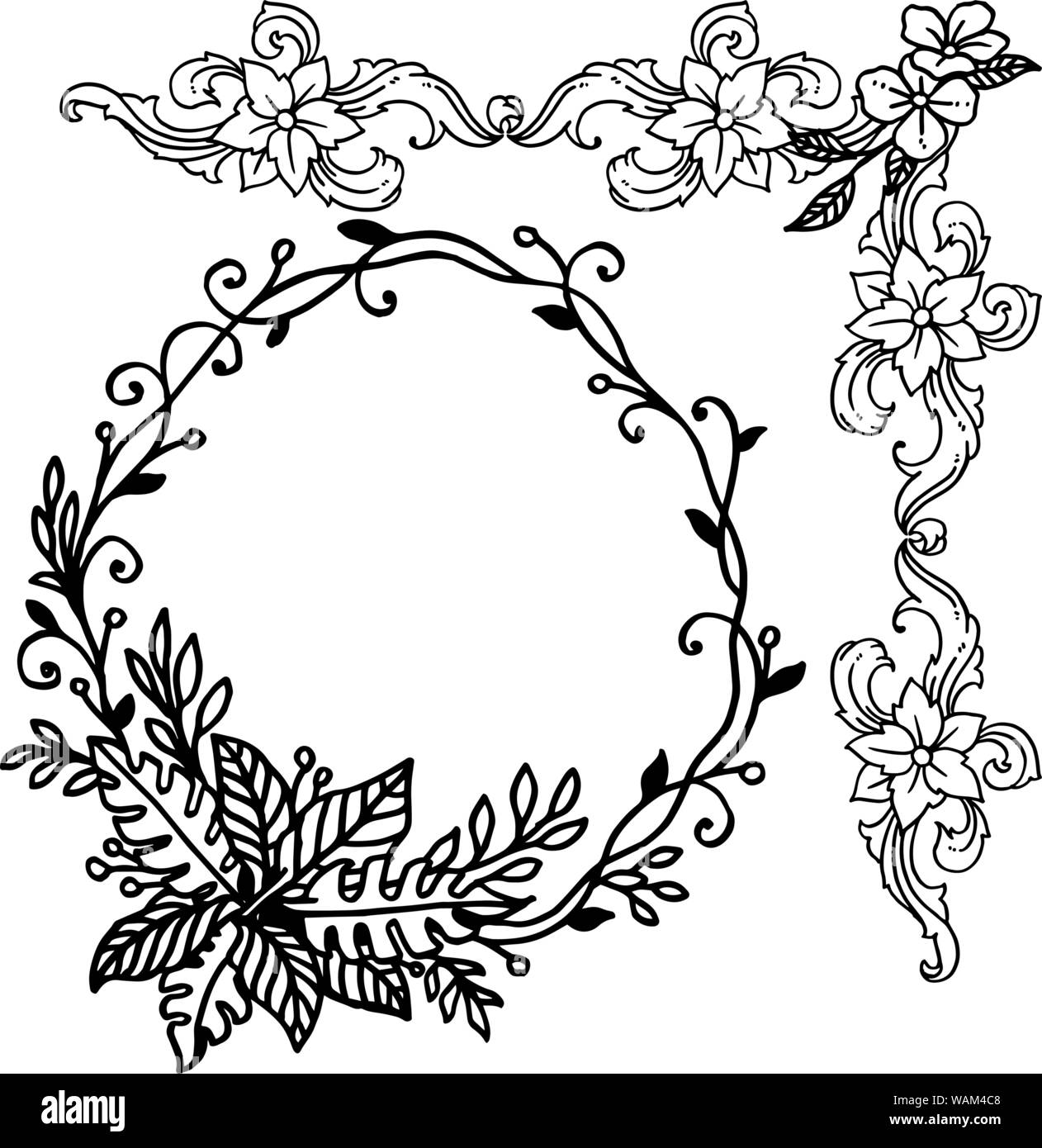 Border ornament of leaf wreath frame, in black and white colors. Vector ...