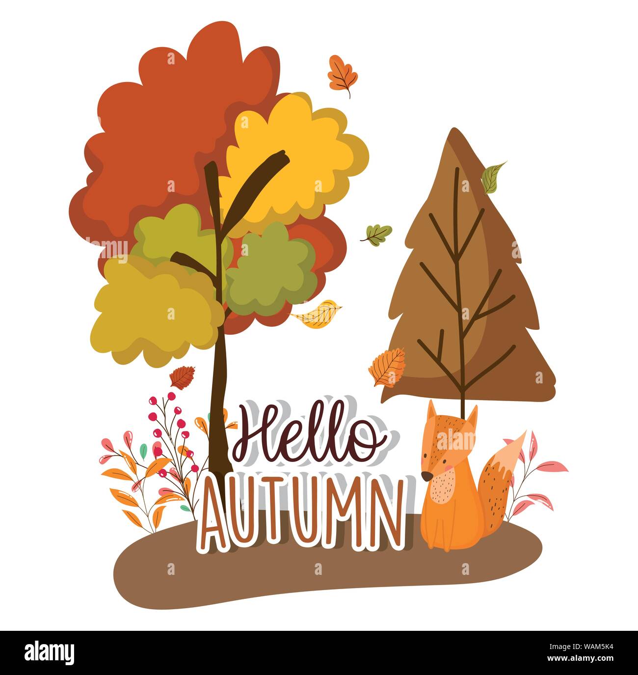 cute fox trees foliage hello autumn season greeting vector illustration ...