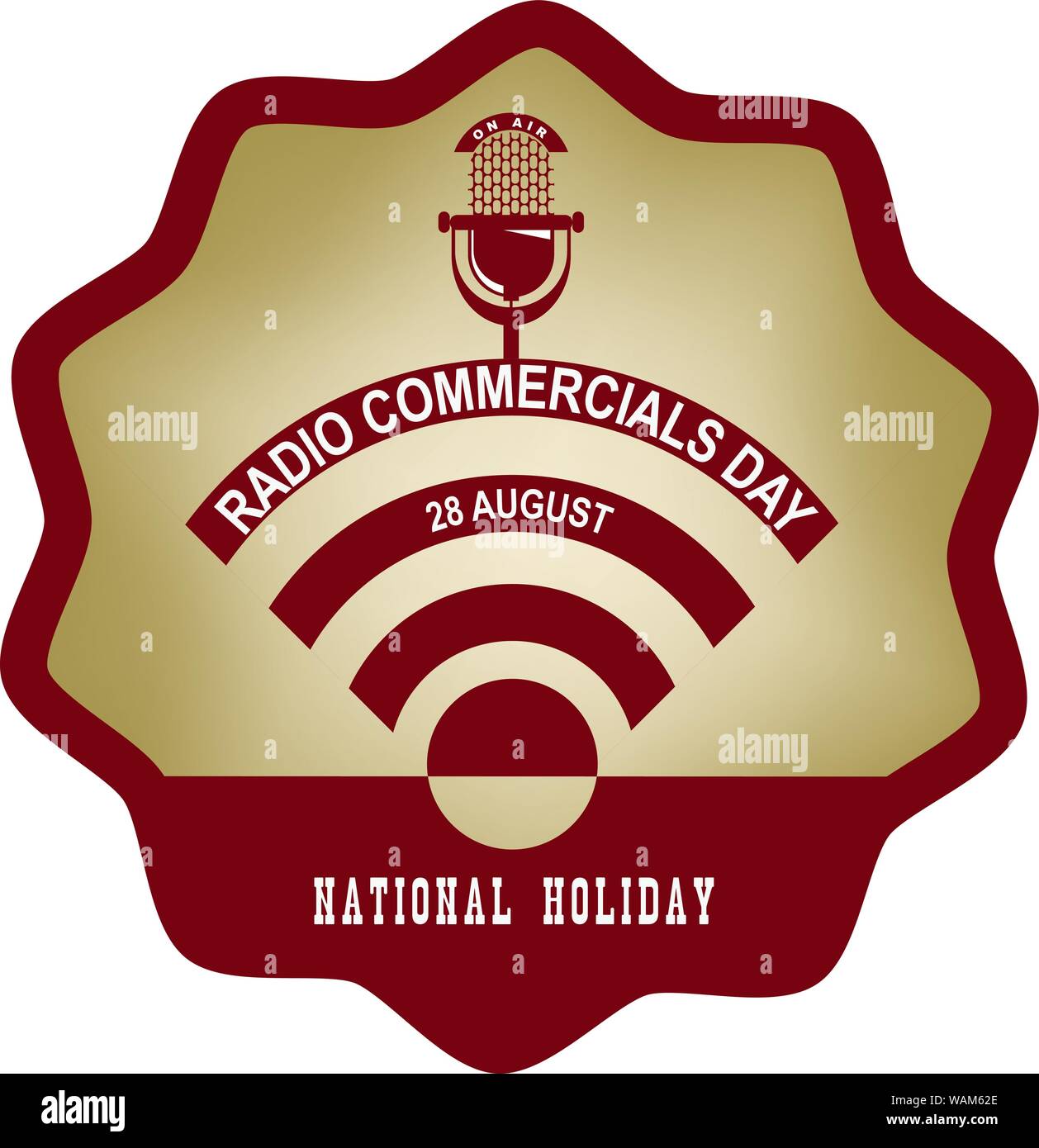 Round vintage label for the holiday Radio Commercials Day with