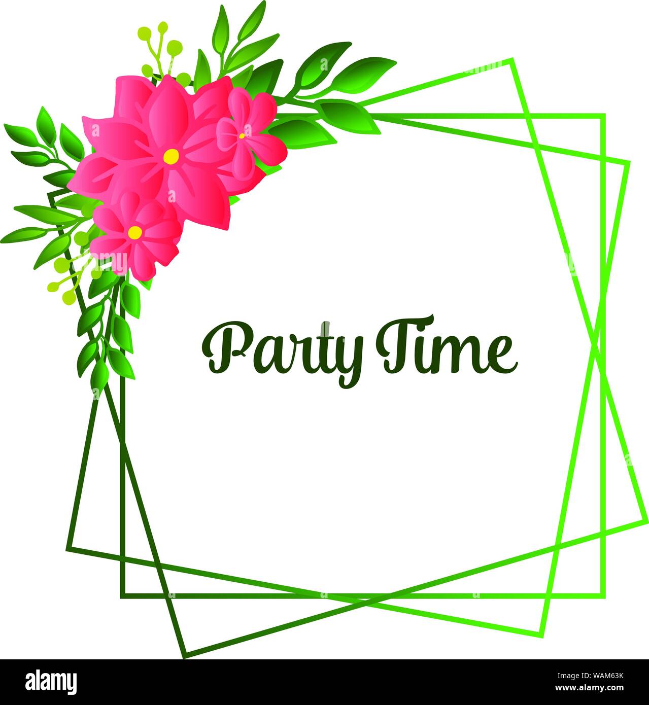 Party time card template, with cute green leafy floral frame. Vector