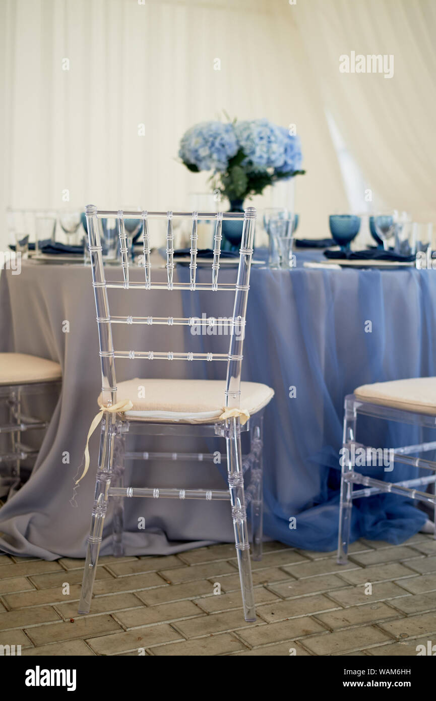 Script Flower Hydrangea Chair Wedding decoration of the Banquet hall for the wedding in blue ...
