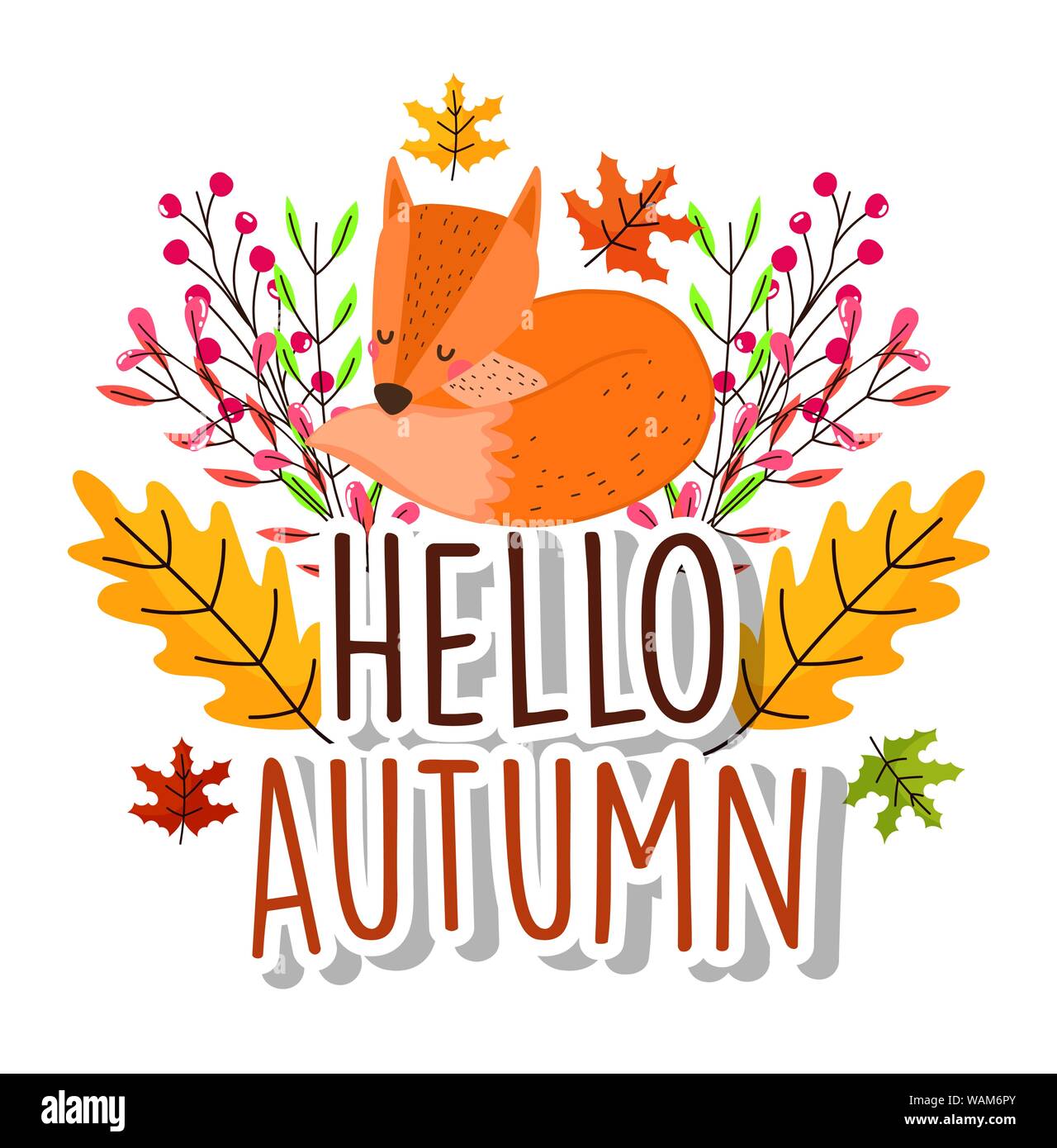 cute fox leaves foliage hello autumn season lettering vector ...