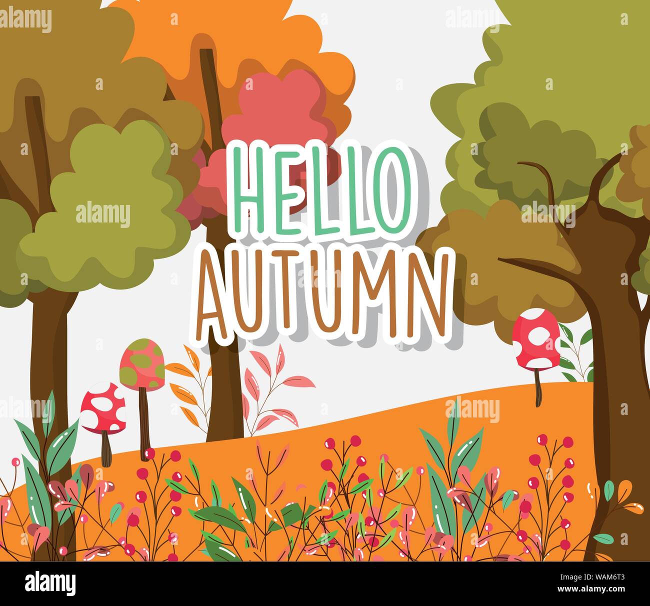hello autumn season landscape natural lettering vector illustration ...