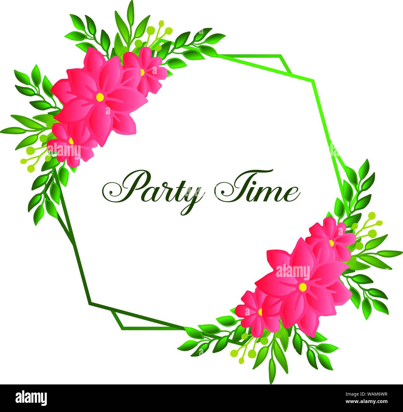 Party time card template, with cute green leafy floral frame. Vector
