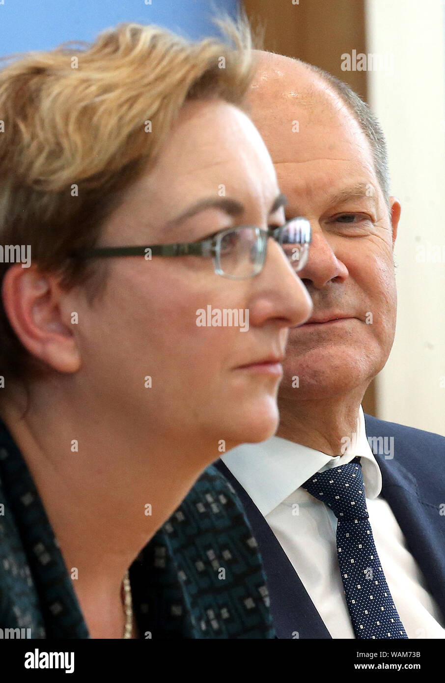 Berlin, Germany. 21st Aug, 2019. Olaf Scholz, Federal Minister of Finance, and Klara Geywitz, Member of the State Parliament for Brandenburg, are sitting at the Federal Press Conference to announce their candidacy for the chairmanship of the SPD. Credit: Wolfgang Kumm/dpa/Alamy Live News Stock Photo