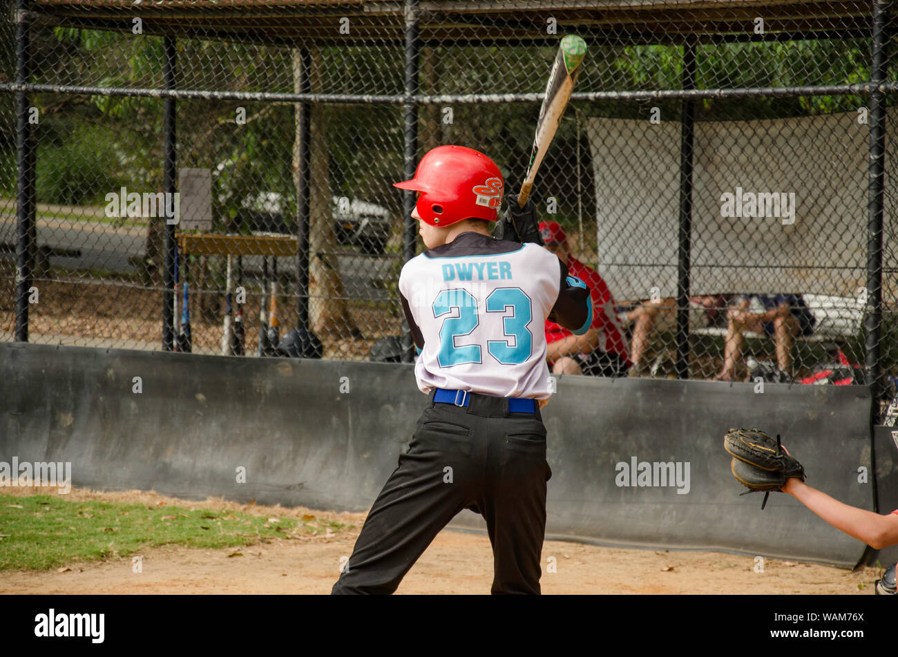 A young 18 year old Australian male baseball player at a Saturday game in Sydney, Australia Stock Photo