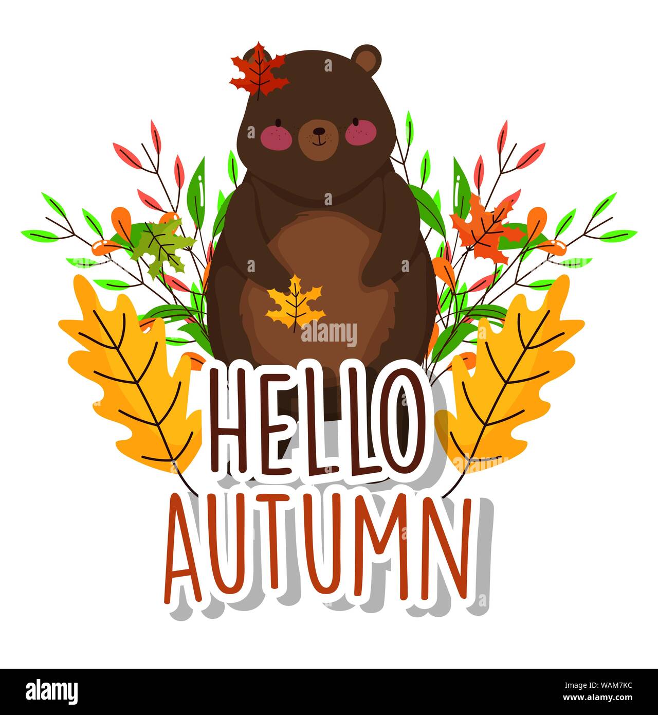 bear foliage leaves hello autumn season lettering vector illustration ...