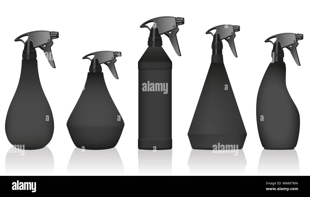 Spray bottles - well known variations with black bodies and pumps - illustration on white background. Stock Photo