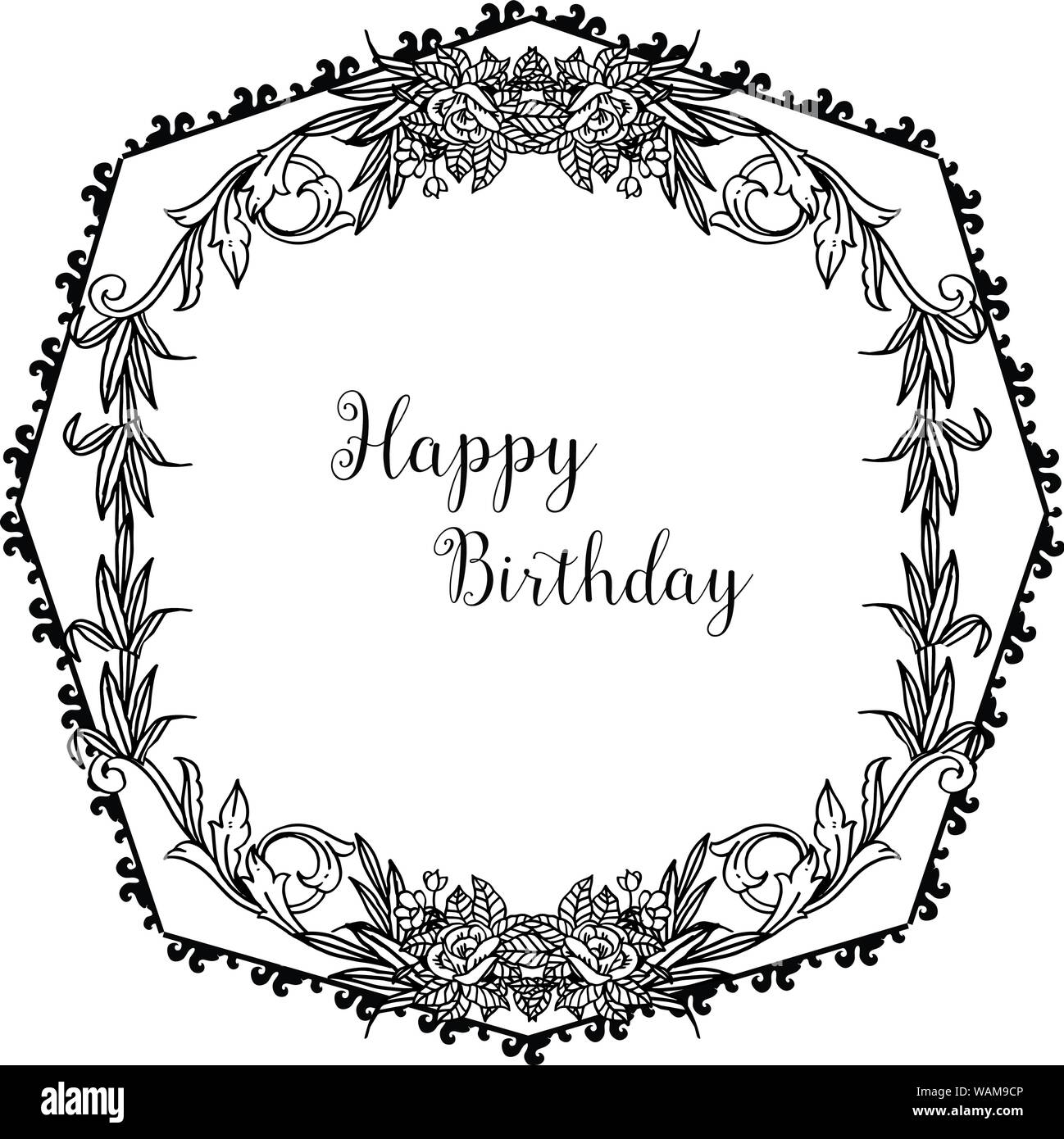 Ornate flower frame, with lettering of happy birthday, for shape of ...