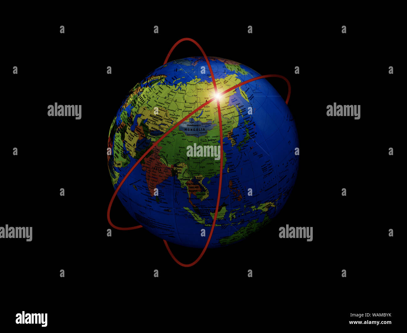 Close up of a globe surrounded by ellipse Stock Photo