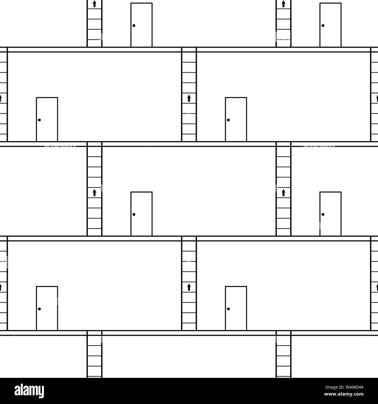 Seamless pattern, black stairs up with exit door on white background, vector illustration Stock Vector