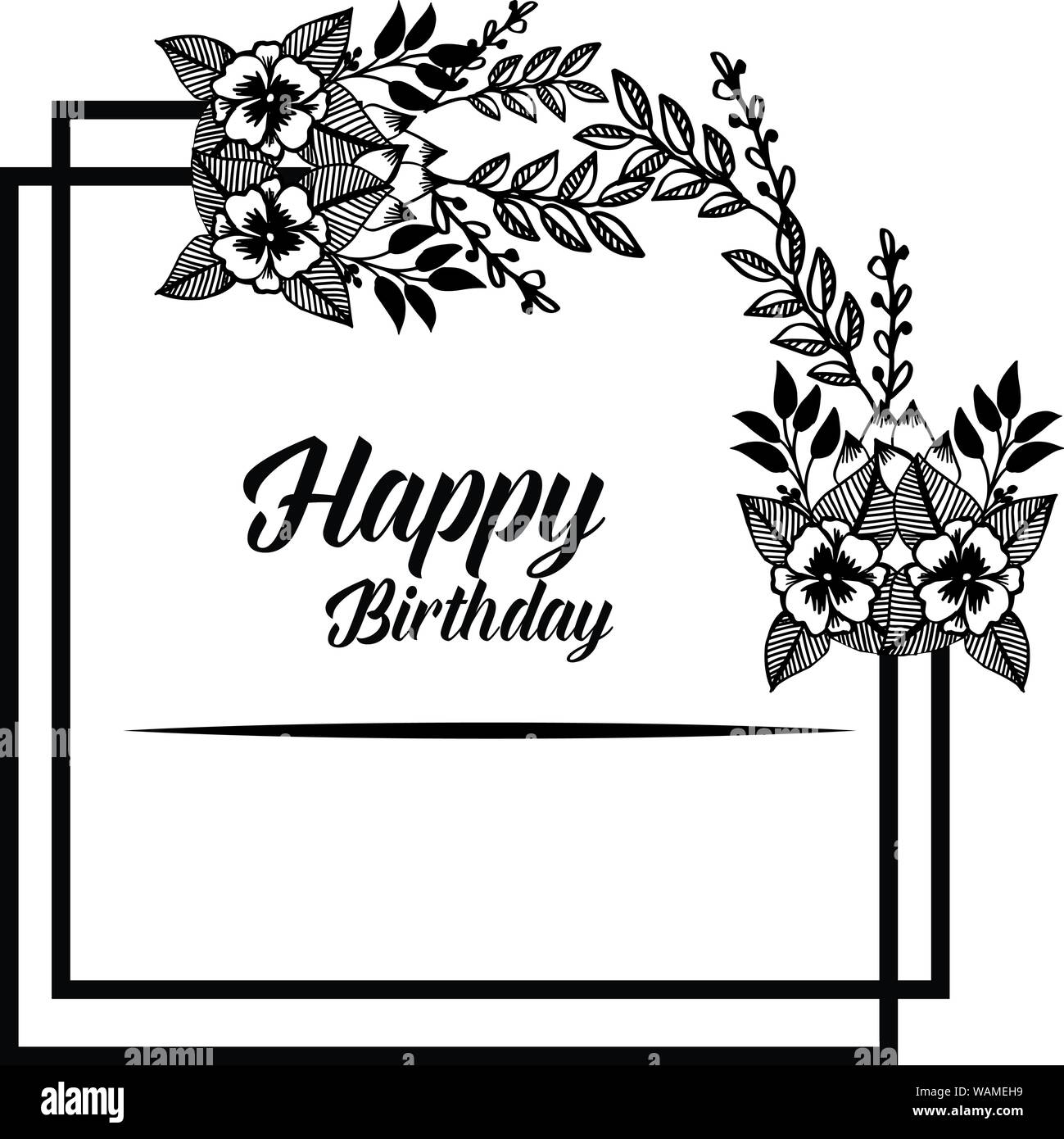 Design greeting card happy birthday, black white wreath frame, style ...