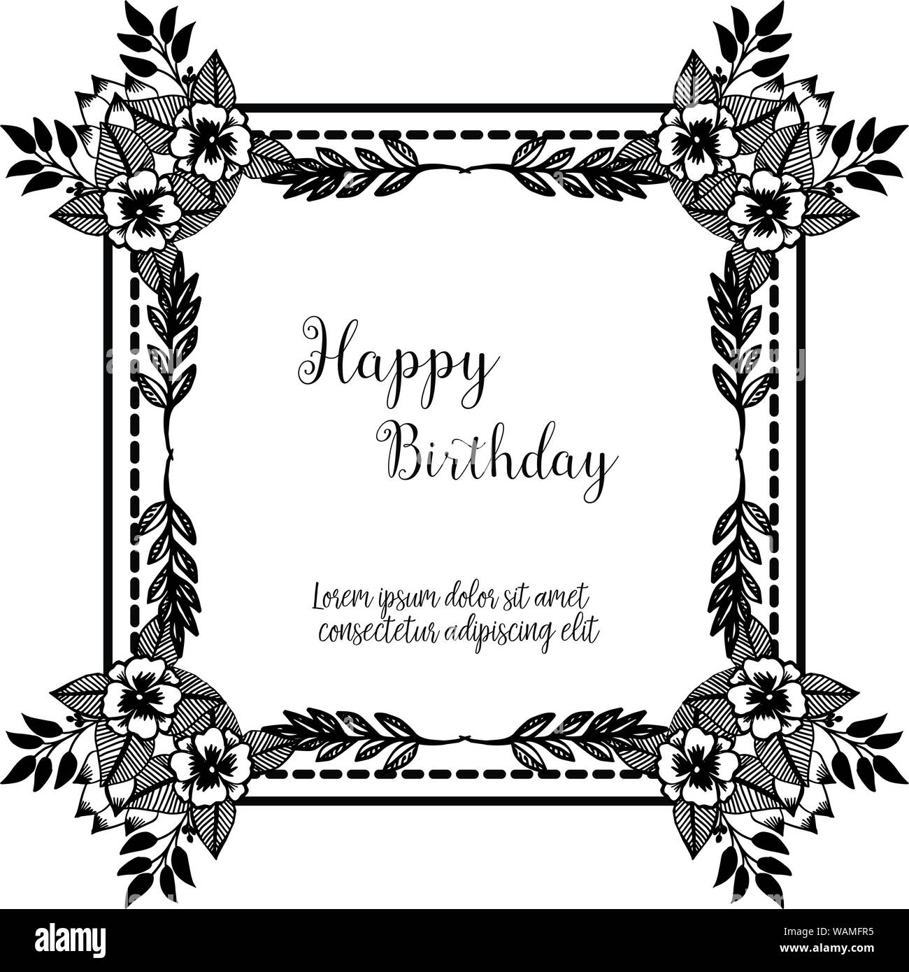 Design greeting card happy birthday, black white wreath frame, style ...