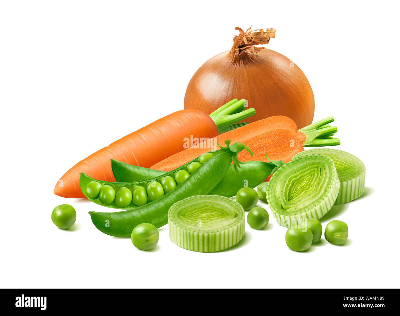 Onion, carrot, leek and green peas in pods isolated on white background. Package design element with clipping path Stock Photo