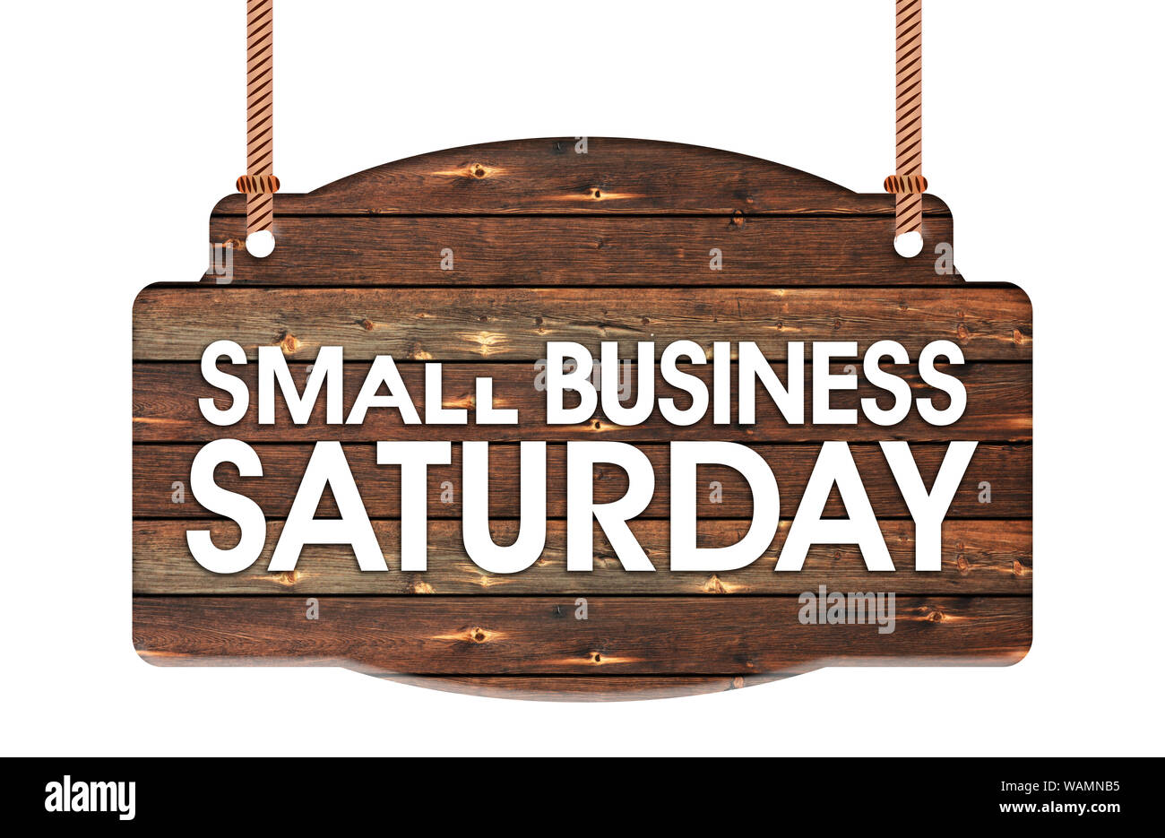 Text of Small Business Saturday in Rope wooden hanging sign Stock Photo