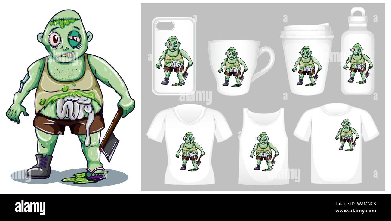 Zombie Sample Graphic of zombie with axe on different product templates illustration ...