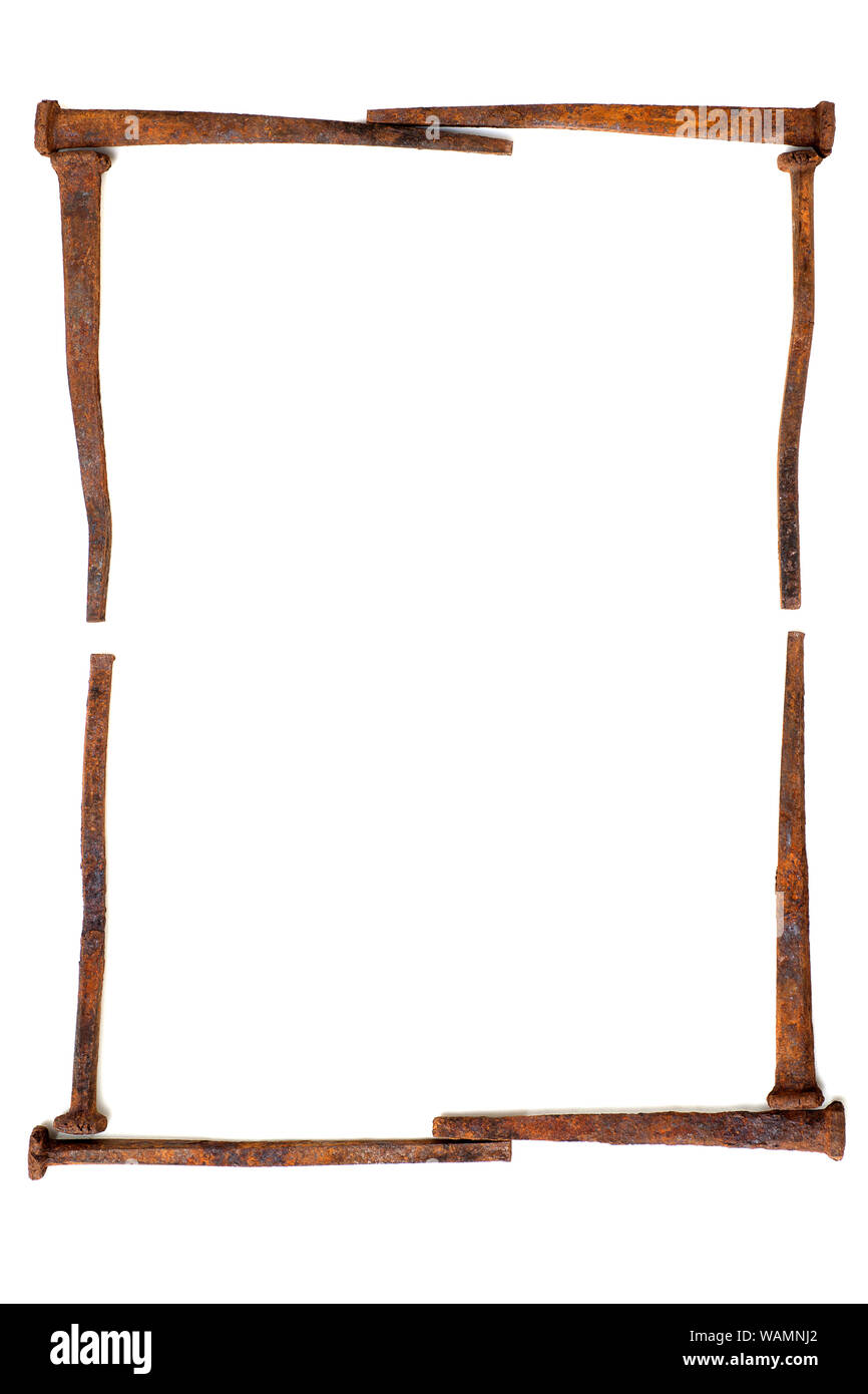 Backgrounds - Antique rusty square nails used as design elements, isolated on white background Stock Photo
