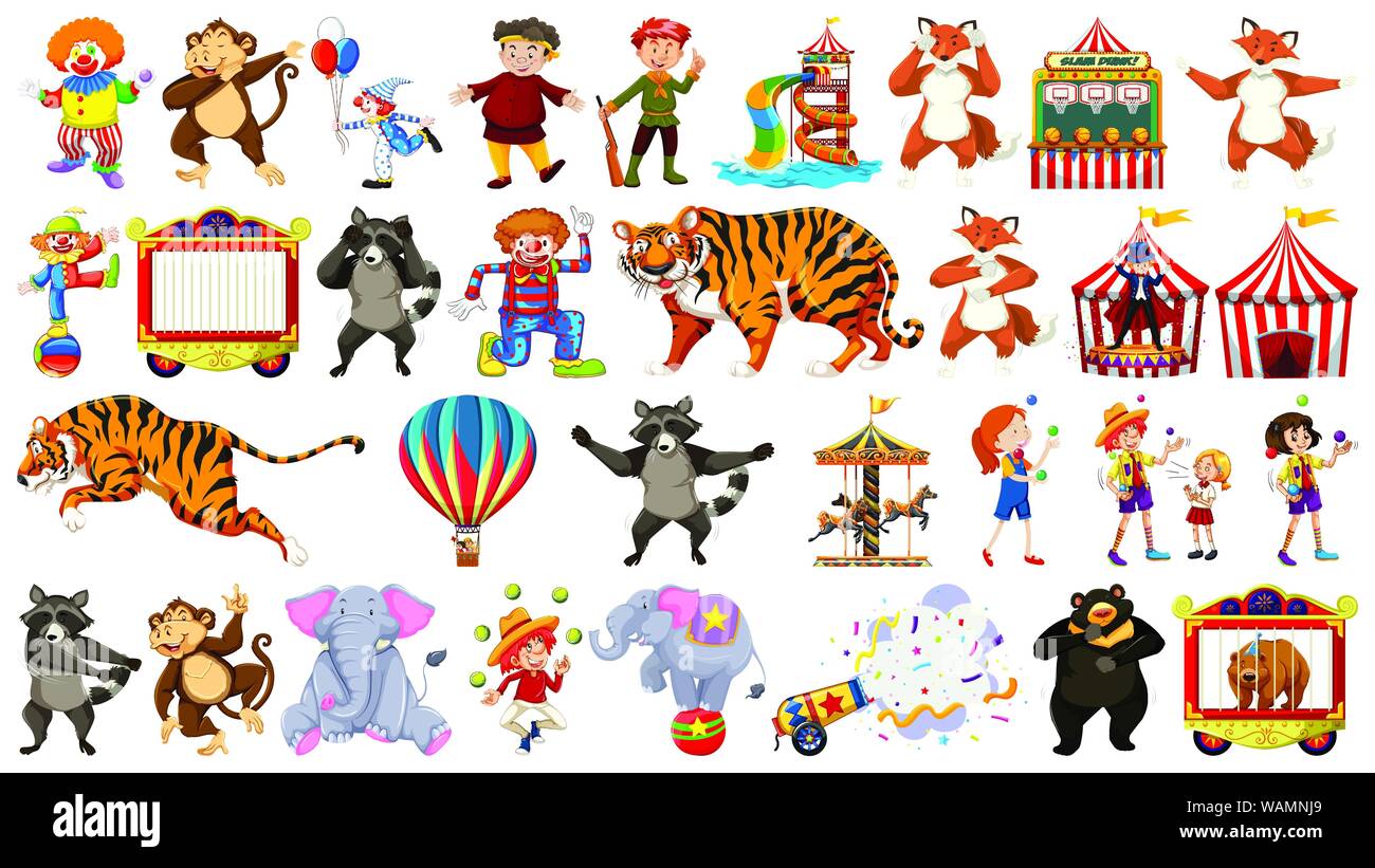 Circus set with animals rides and clowns on isolated background ...