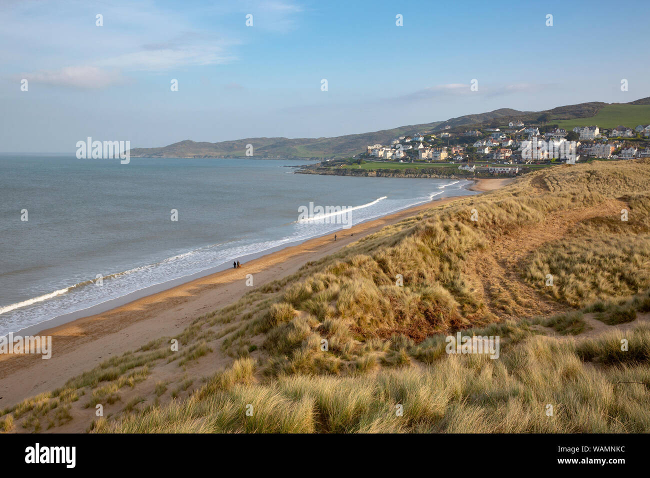 Sand dunes, beach and town of Woolacombe in North Devon, England Stock Photo
