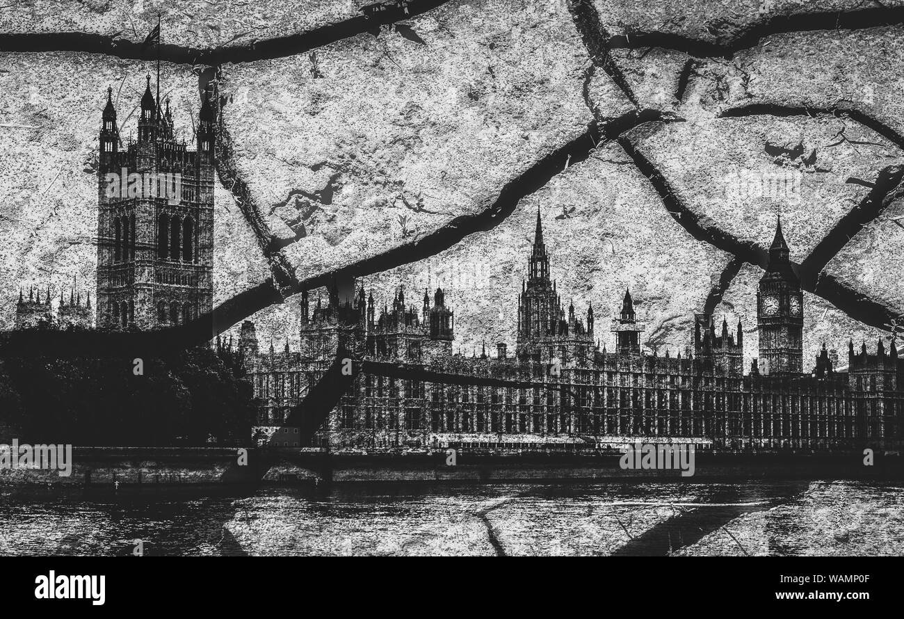 Houses of Parliament and Big Ben in London superimposed with cracks in monochrome - Brexit theme Stock Photo