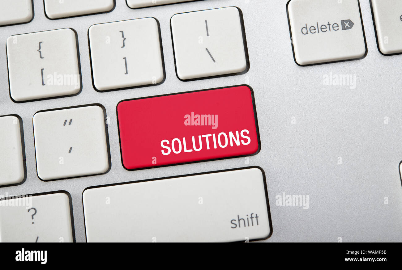 Text of solutions on computer keyboard, Problem solving concept Stock