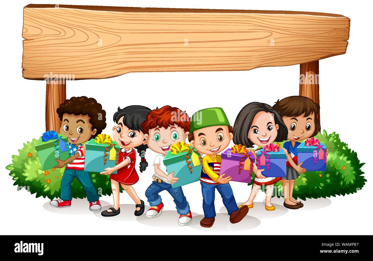 Blank sign template with kids holding present illustration Stock Vector ...