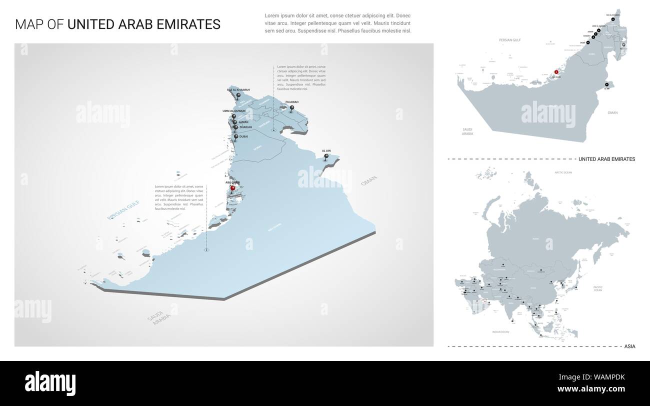 Vector set of United Arab Emirates country.  Isometric 3d map, UAE map, Asia map - with region, state names and city names. Stock Vector