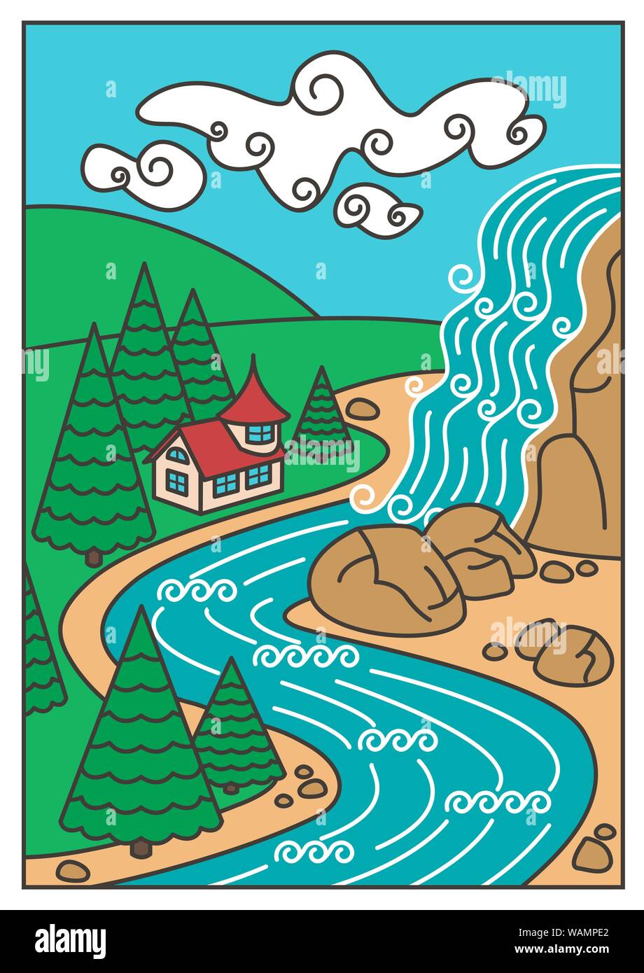Illustration of Nature Landscape - Waterfall, River, Mountains and the beautiful house. Vector Card Stock Vector