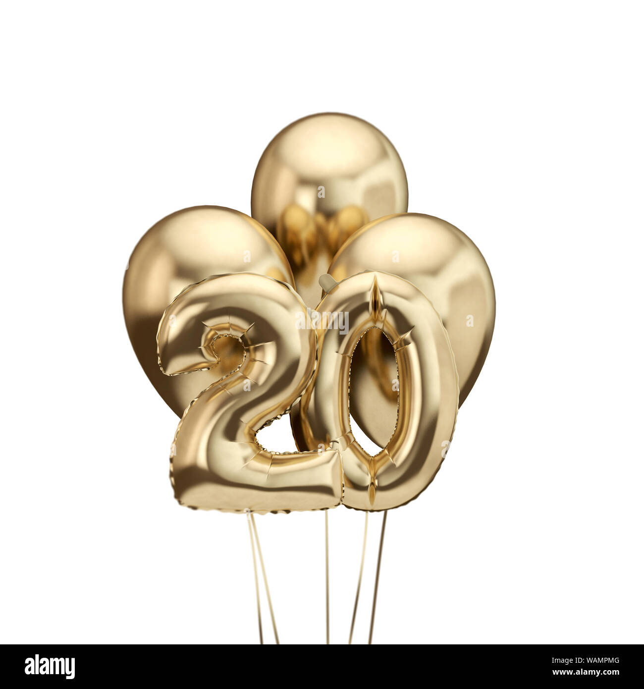 20th birthday gold foil bunch of balloons. Happy birthday. 3D Rendering Stock Photo