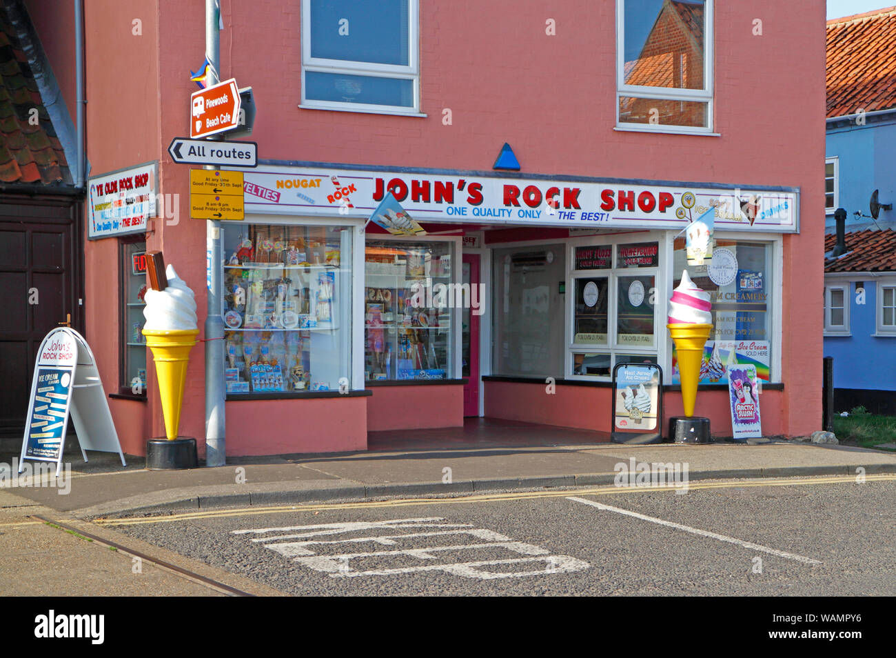 A view of John's Rock Shop by the B1105 road past the harbour at Wells-next-the-Sea, Norfolk, England, United Kingdom, Europe. Stock Photo