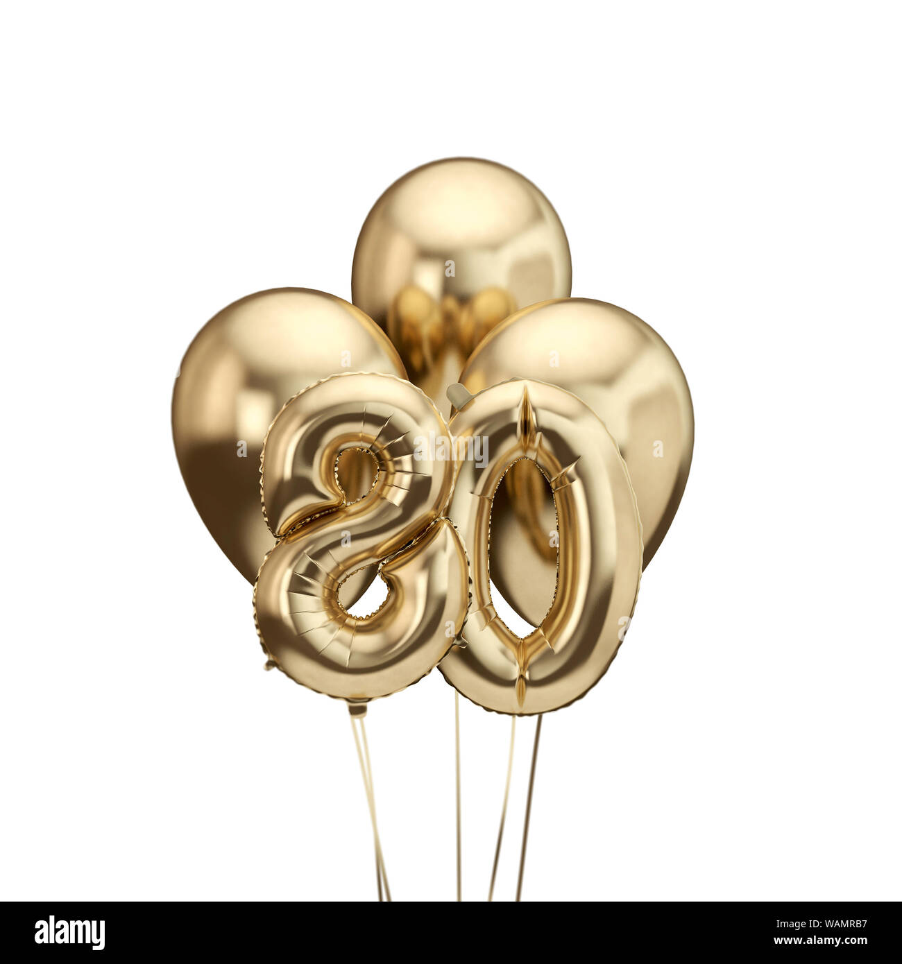 80th birthday gold foil bunch of balloons. Happy birthday. 3D Rendering Stock Photo