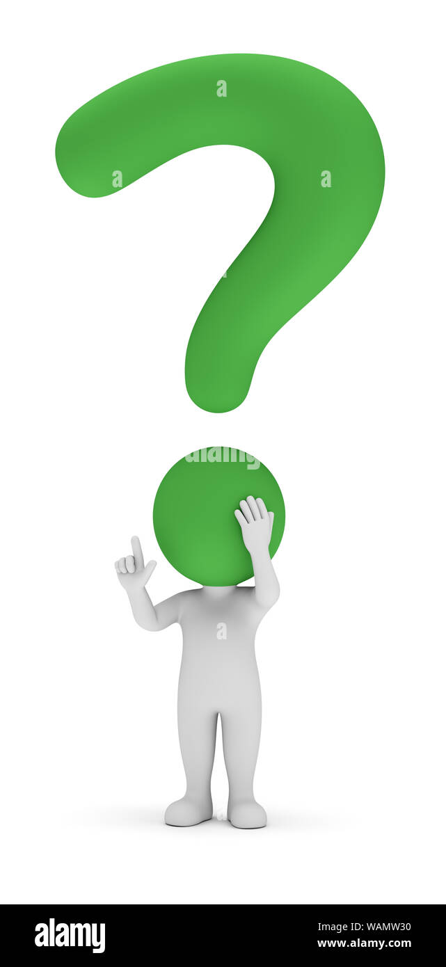 3d small people - moment of thinking, solving problem. Stickman having question mark as a head in a pose of thinking. 3d rendering. Isolated on white Stock Photo
