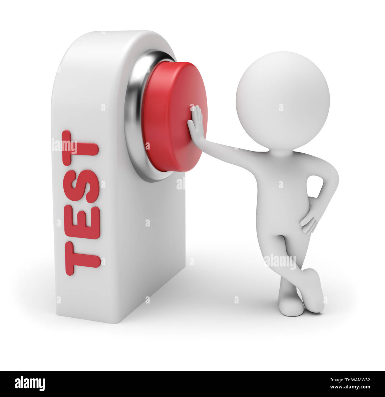 3d small people - conducting a test. Pushing red button on control board having word test. 3d rendering. Isolated on white background. Stock Photo
