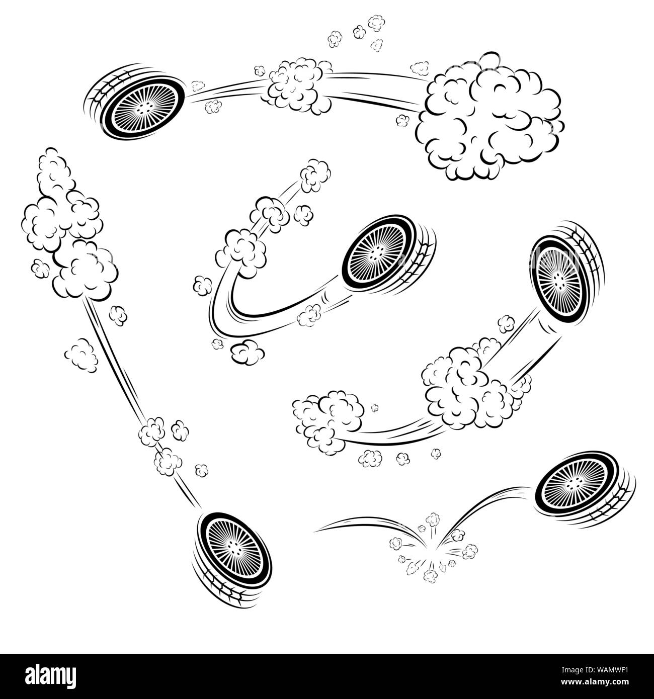Set of differrent black outline movement tracks and car wheels Stock Vector