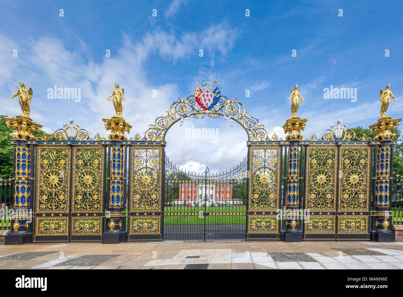 The refurbished in June 2019 Golden Gates of Warrington town hall. The Victorian gates were originally intended for Queen Victoria at Sandringham. Stock Photo