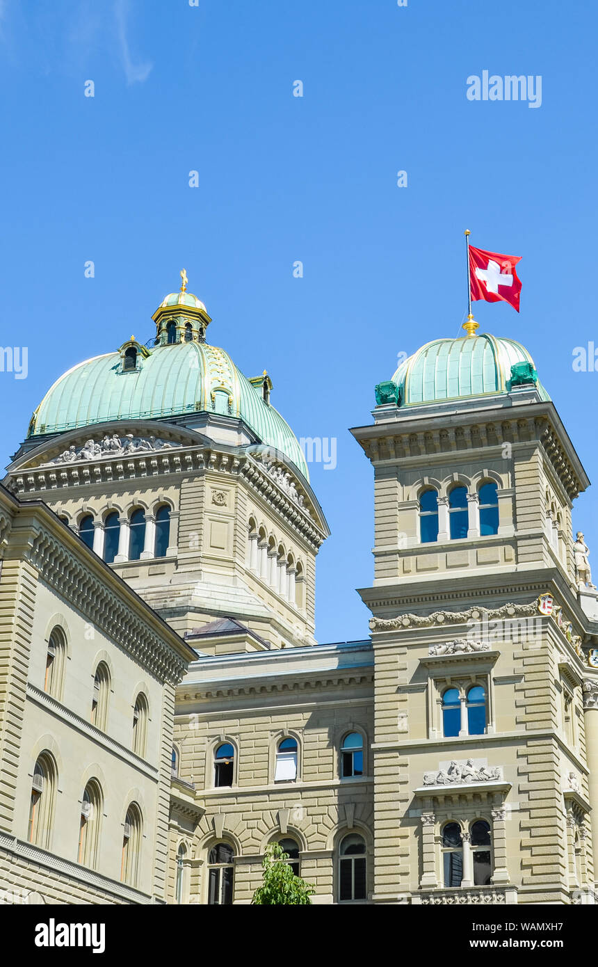 Bern, Switzerland - August 14 2019: The Parliament Building. Seat of the Swiss Parliament. The Swiss federal government headquarters. The National Council and Council of States place for sessions. Stock Photo