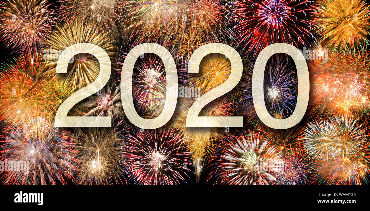 Happy new year 2020 with firework on sky Stock Photo