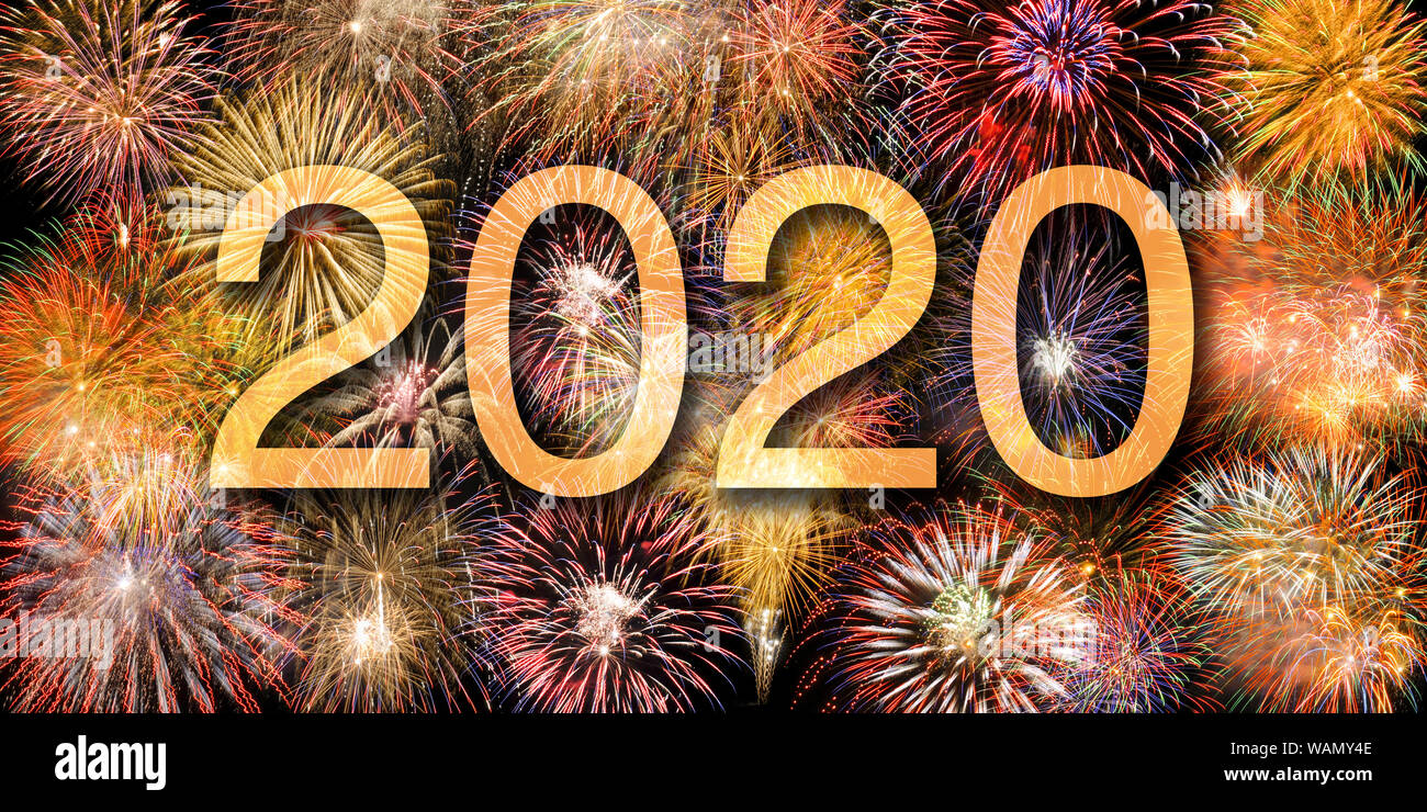 Happy new year 2020 with firework on sky Stock Photo