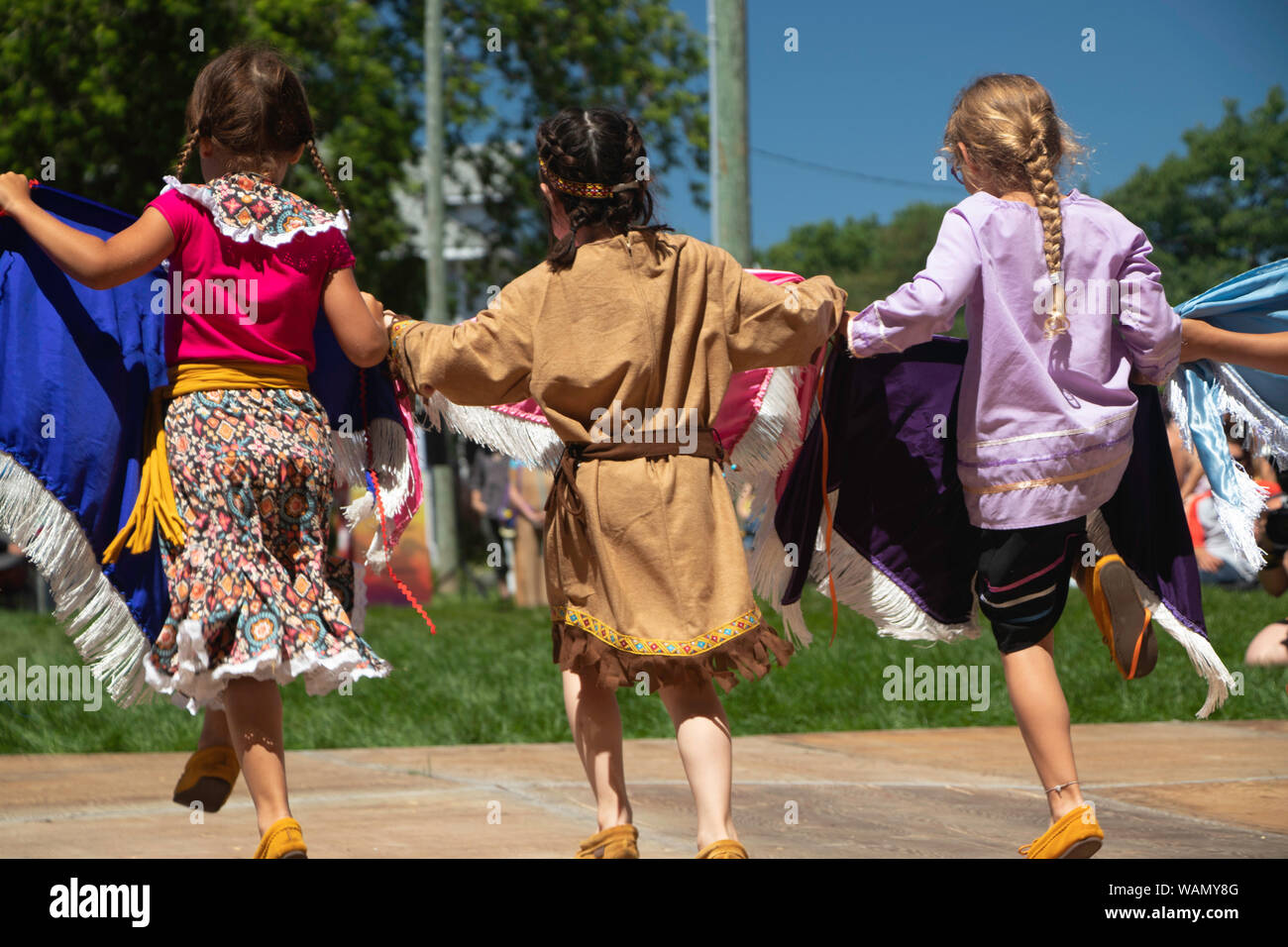 Odanak, Québec, Canada : July 7, 2019 - Girls Fancy Shawl Dance, Pow Wow Odanak, Abenaki Stock Photo