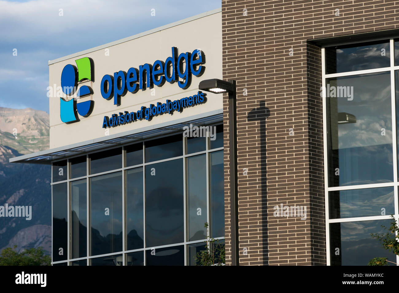 A logo sign outside of the headquarters of OpenEdge Inc., in Lindon, Utah on July 29, 2019. Stock Photo