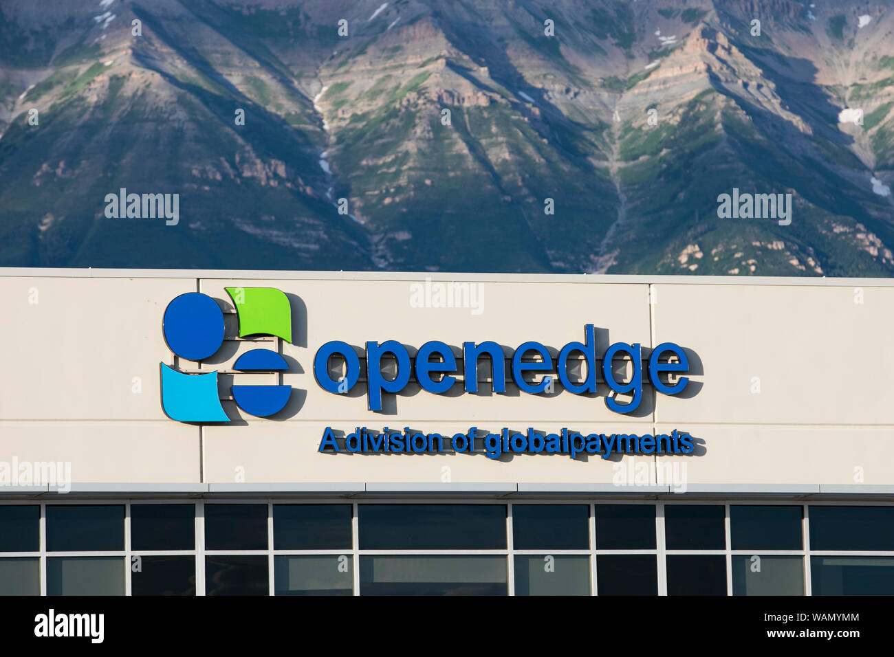 A logo sign outside of the headquarters of OpenEdge Inc., in Lindon, Utah on July 29, 2019. Stock Photo