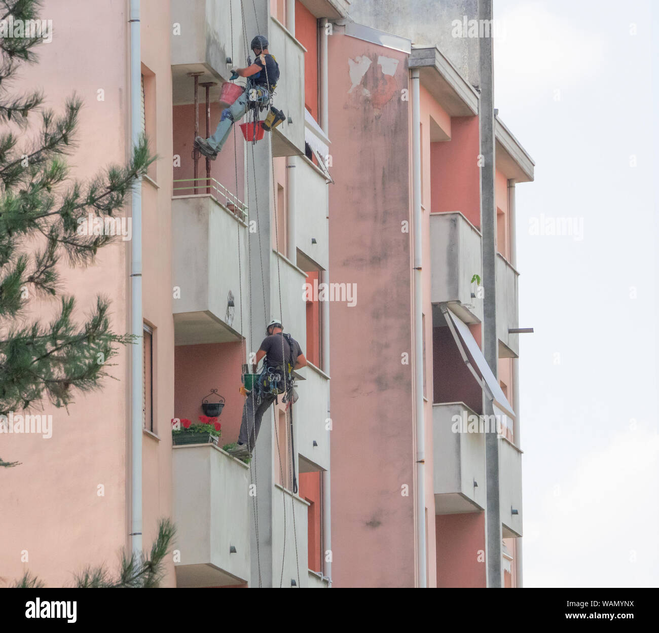 skilled workers repair the facade of a building hanging on a rope with ...