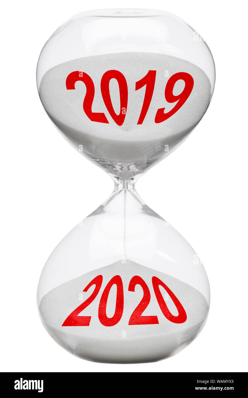 Happy new year 2020 with running hour glass Stock Photo