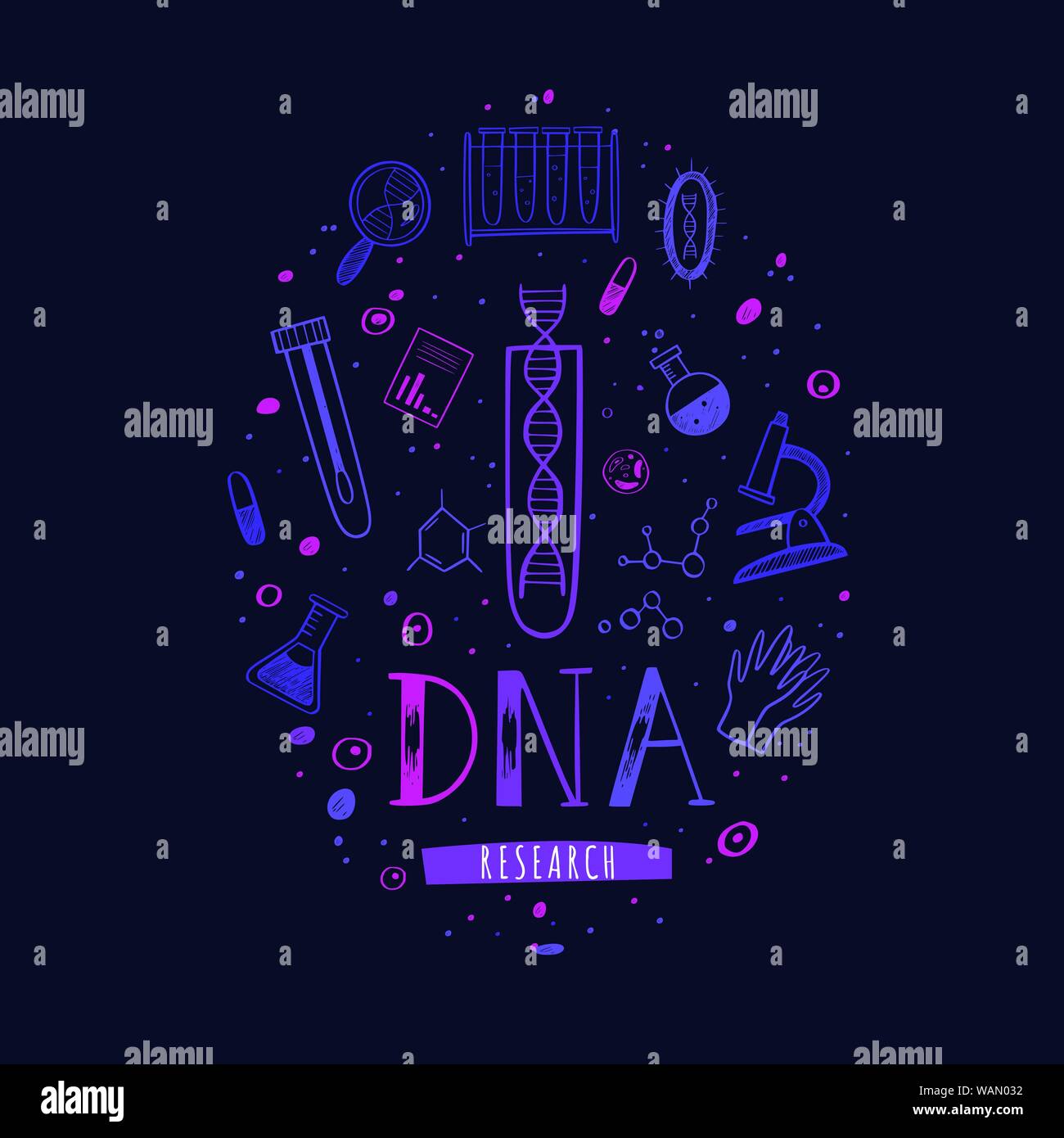Vector Illustration, poster with equipment for DNA testing, research and hand drawn Lettering. Conceptual design for chemical, biological and medicina Stock Vector