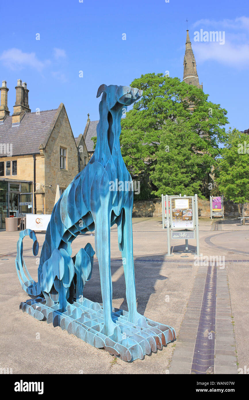 Modern Reproduction Steel Sculpture Of The Acton Dog Outside Wrexham Museum, Wales Stock Photo