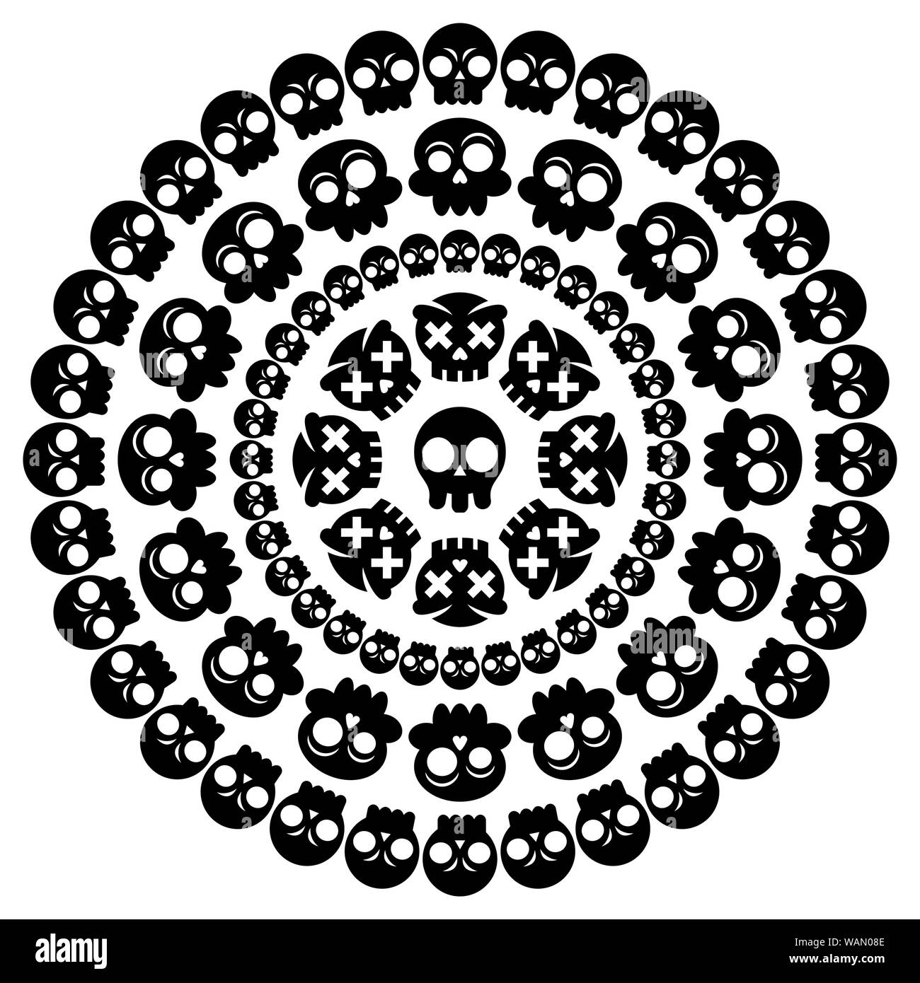 Skull mandala vector design, Halloween decoration pattern with Mexican skulls in black on white background Stock Vector