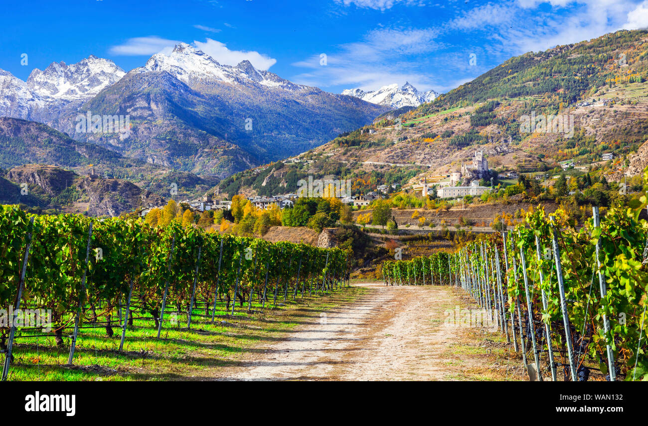 Impressive Alps mountains landscape, beautiful Valle d'Aosta with vineyards in northern Italy Stock Photo