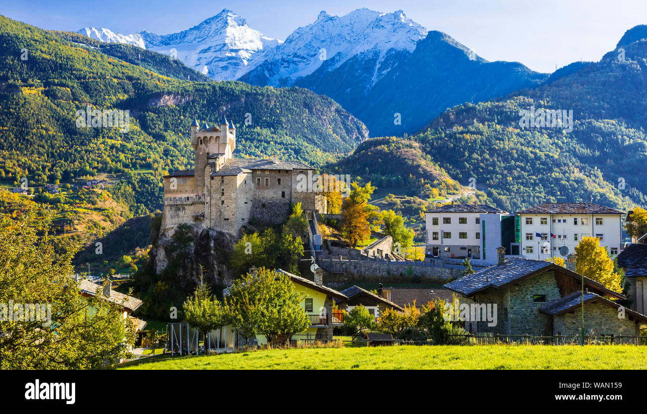 Impressive Alps mountains landscape, beautiful valley of castle Valle d'Aosta in northern Italy Stock Photo