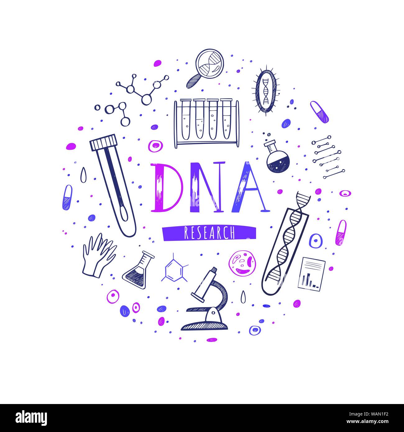 Vector Illustration, poster with equipment for DNA testing, research and hand drawn Lettering. Conceptual design for chemical, biological and medicina Stock Vector
