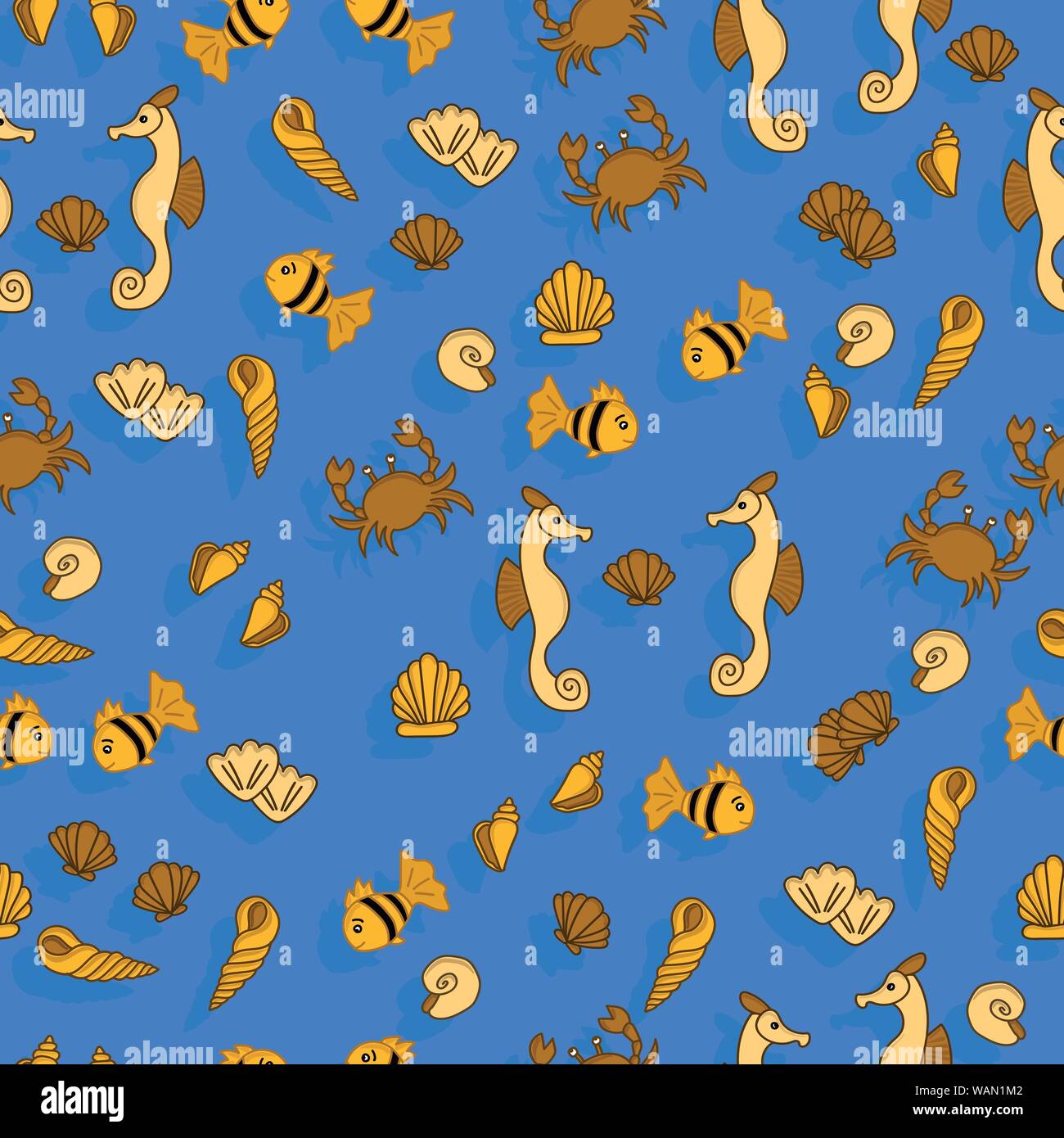 Seahorse, fish, crab and seashell cute seamless pattern Stock Vector ...